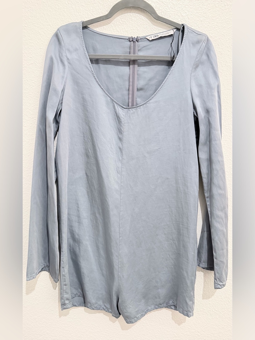 Zara Pale Blue Long Sleeve Scoop-Neck Jumpsuit